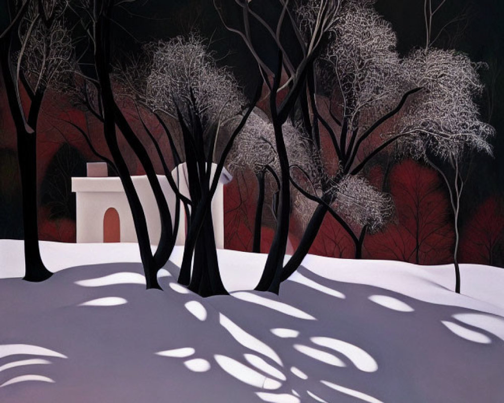 Moonlit black trees casting shadows on snowy landscape with red sky and white house
