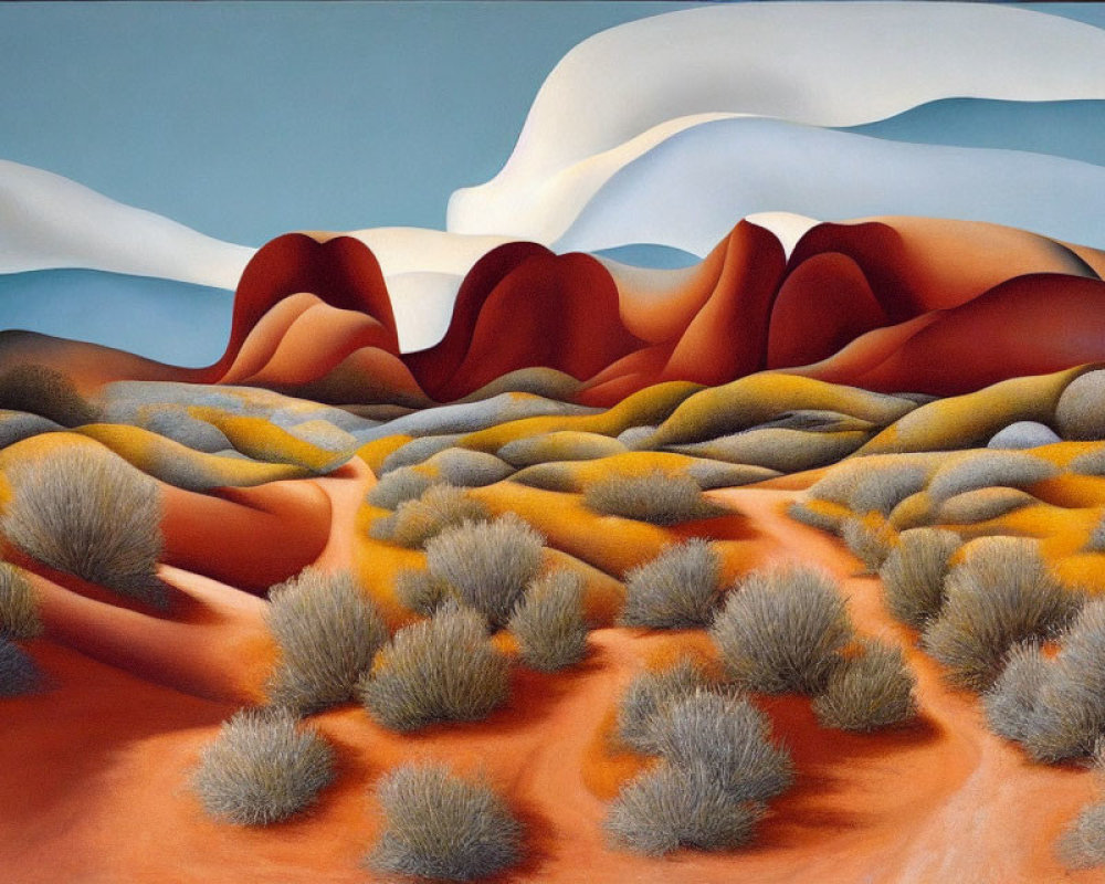 Stylized desert landscape with red-brown hills and flowing sky