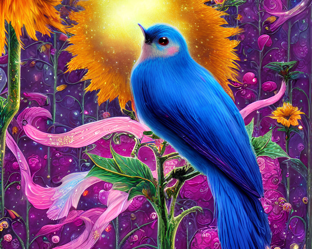 Detailed artwork of blue bird with glowing yellow head on green stem amidst purple flora and fiery orange bird.