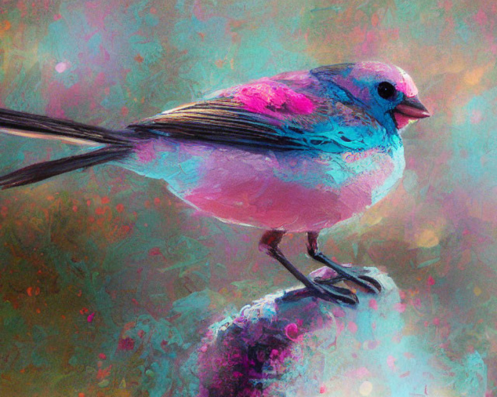 Colorful painting of stylized bird on branch with blue and pink hues