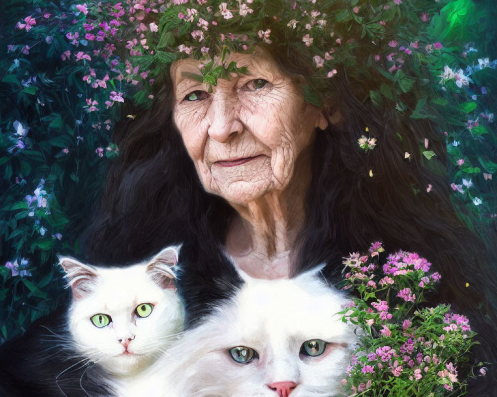 Elderly woman in serene garden with white cats