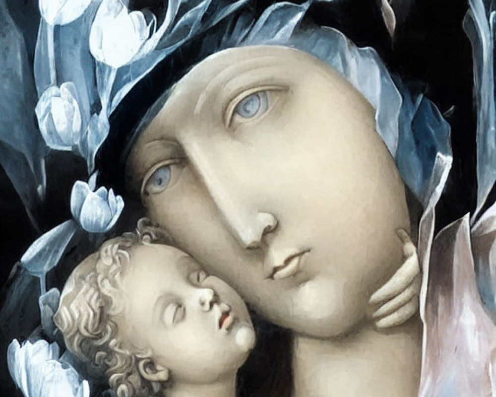 Religious painting of Virgin Mary and Child Jesus with blue roses