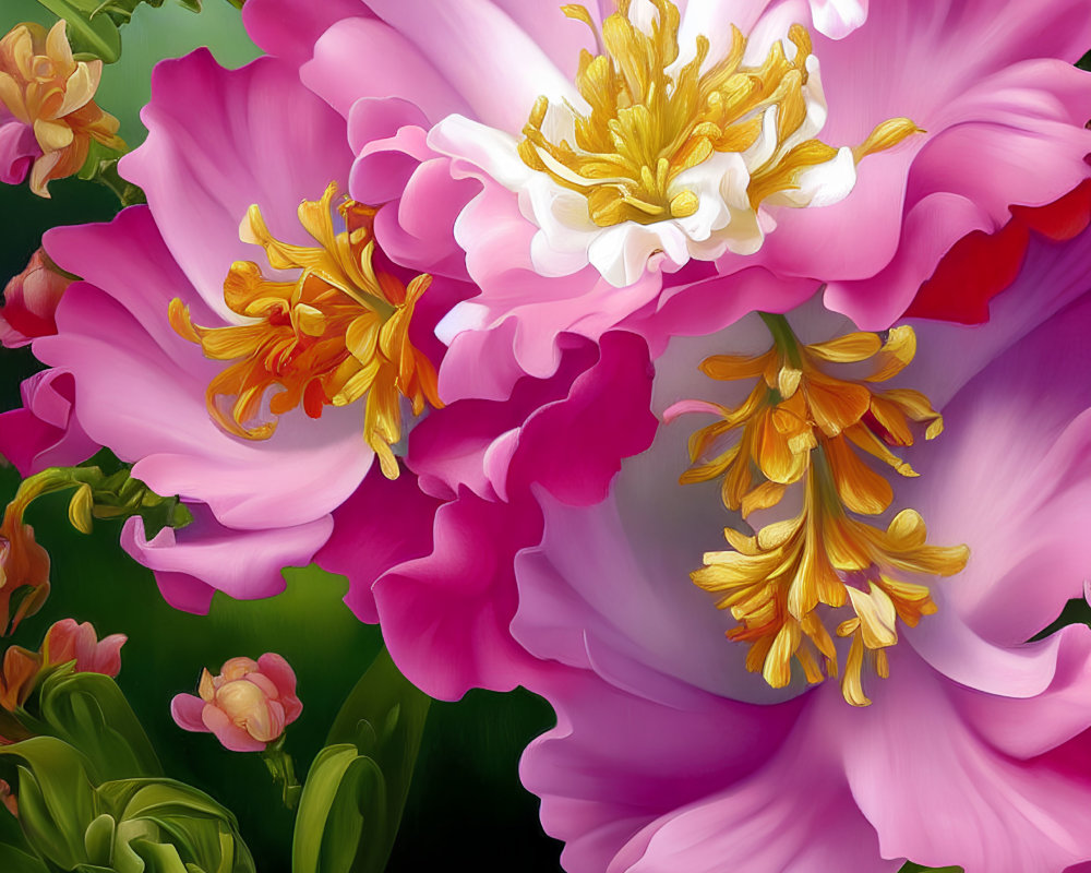 Bright pink peonies with golden stamens on green background