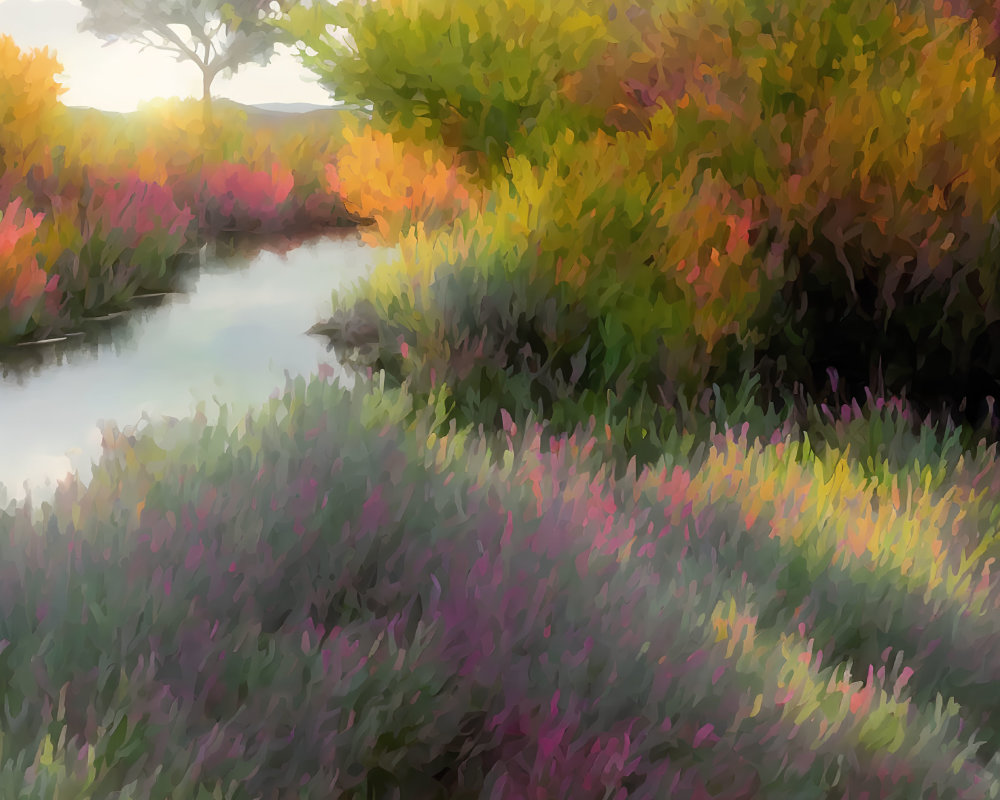 Vibrant impressionistic landscape with colorful tree and stream