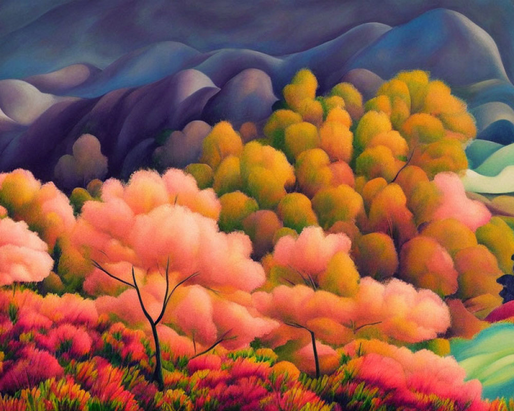 Colorful landscape painting with rolling hills and vibrant foliage in pink and yellow hues, set against purple mountains