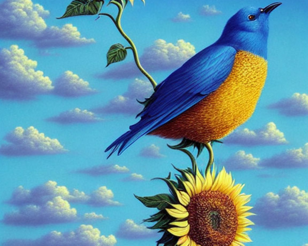 Blue bird on sunflower under blue sky with clouds and sunflowers in field.