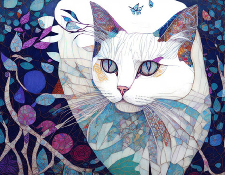 Colorful Patchwork White Cat Illustration with Plant Patterns