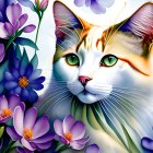 Colorful Calico Cat Surrounded by Purple Flowers and Green Eyes