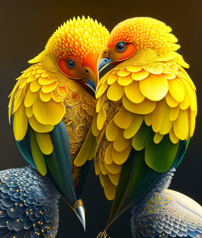 Colorful Stylized Birds with Elaborate Feather Patterns on Dark Background