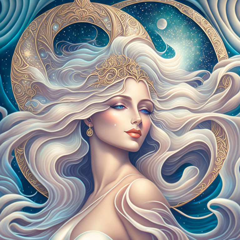 Stylized portrait of a woman with flowing hair and celestial motifs