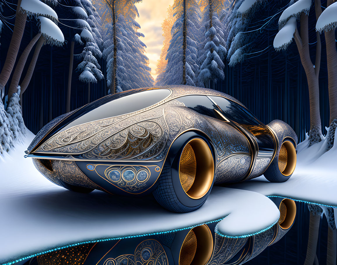 Winter Scene with Futuristic Car