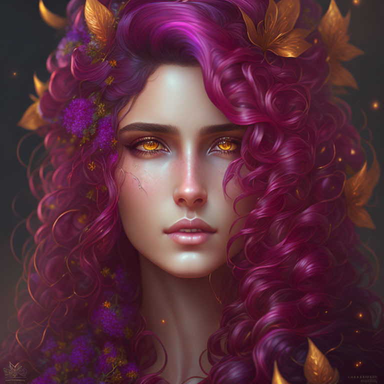 Digital Artwork: Woman with Purple Hair, Golden Eyes, Autumn Leaves