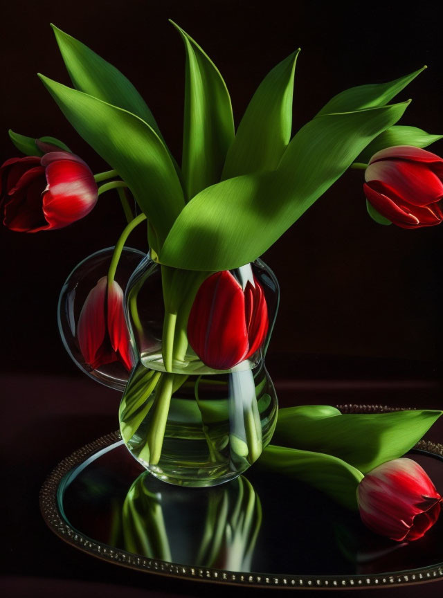 Glass Vase with Red Tulips Reflected on Dark Surface