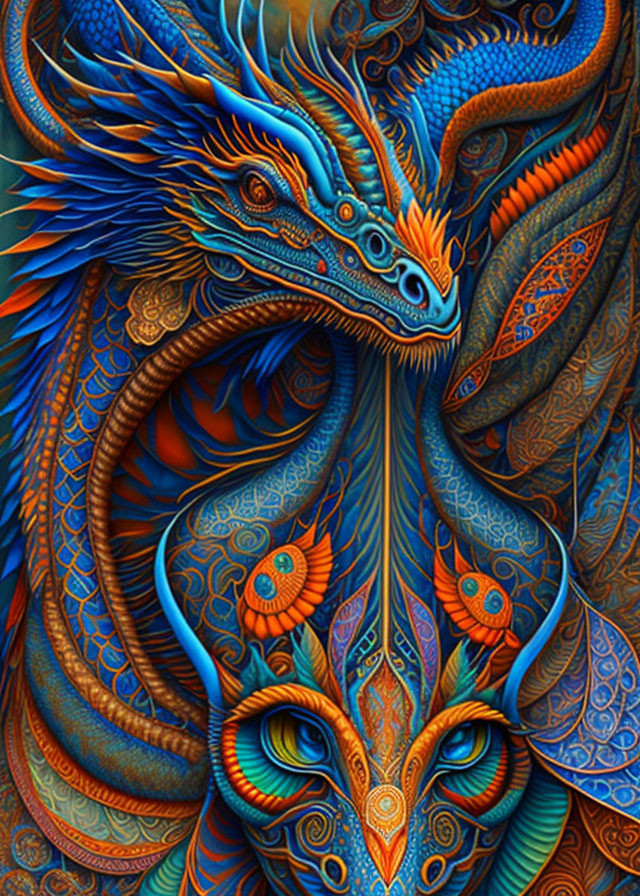 Detailed blue and orange dragon illustration with intricate scales and floral motifs