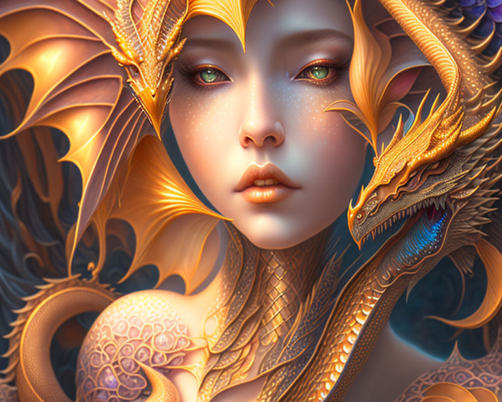 Fantasy character in golden dragon armor with intricate details and mystical dragon companion.