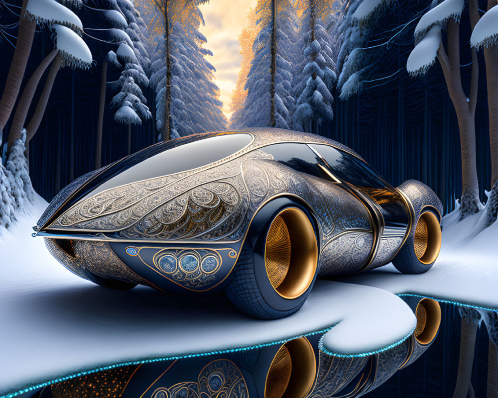 Futuristic car with intricate designs in snowy forest landscape at sunset
