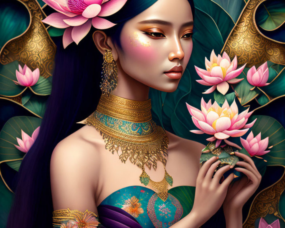 Illustration of woman with long black hair, pink lotus, blue & gold outfit, surrounded by