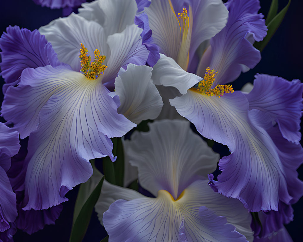 Vibrant Purple and White Irises with Ruffled Petals on Dark Background