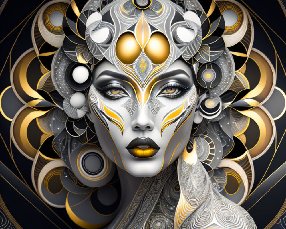 Stylized digital artwork of a female figure with gold and white headgear on dark background