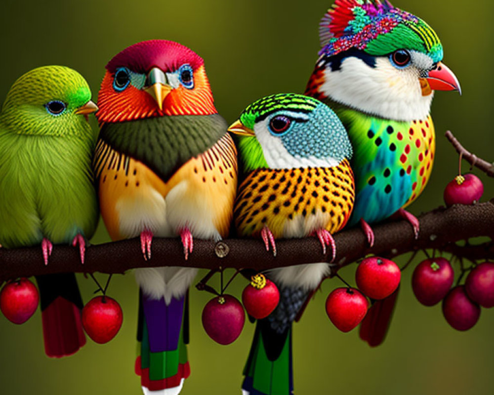 Vibrant illustrated birds on branch with unique patterns and human-like eyes