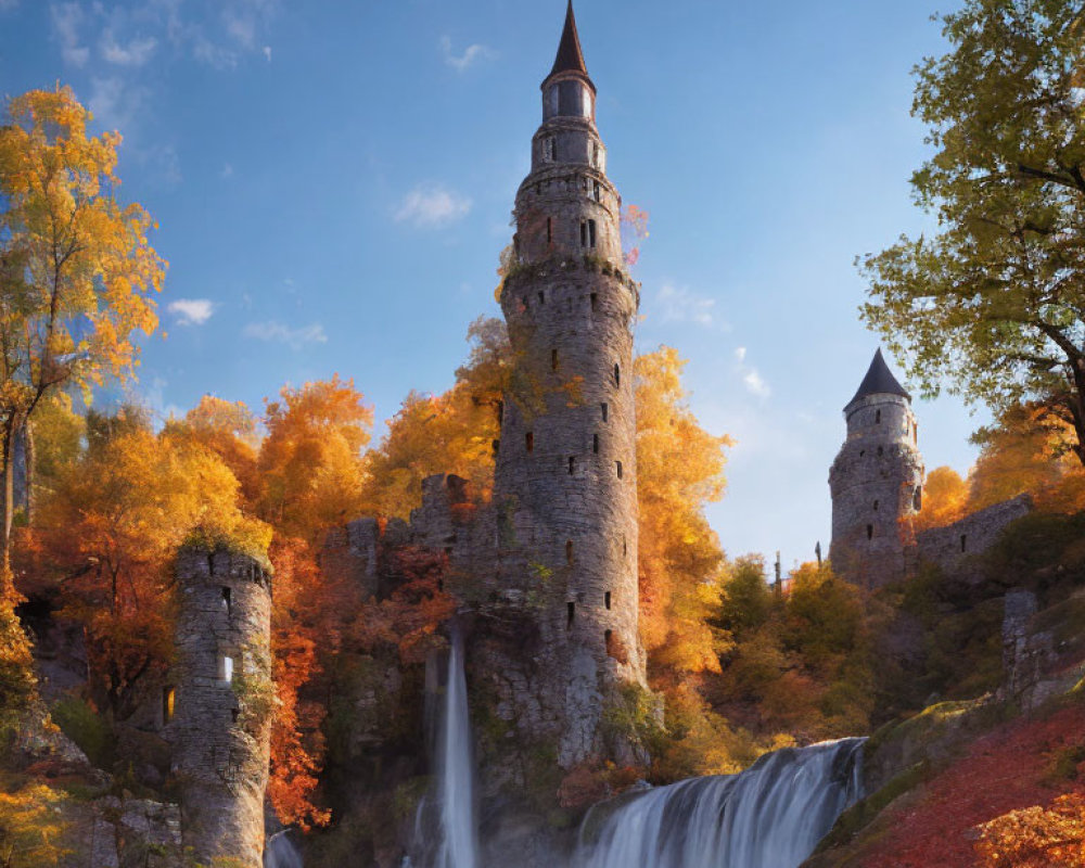 Stone castle tower surrounded by autumn trees and waterfall under blue sky