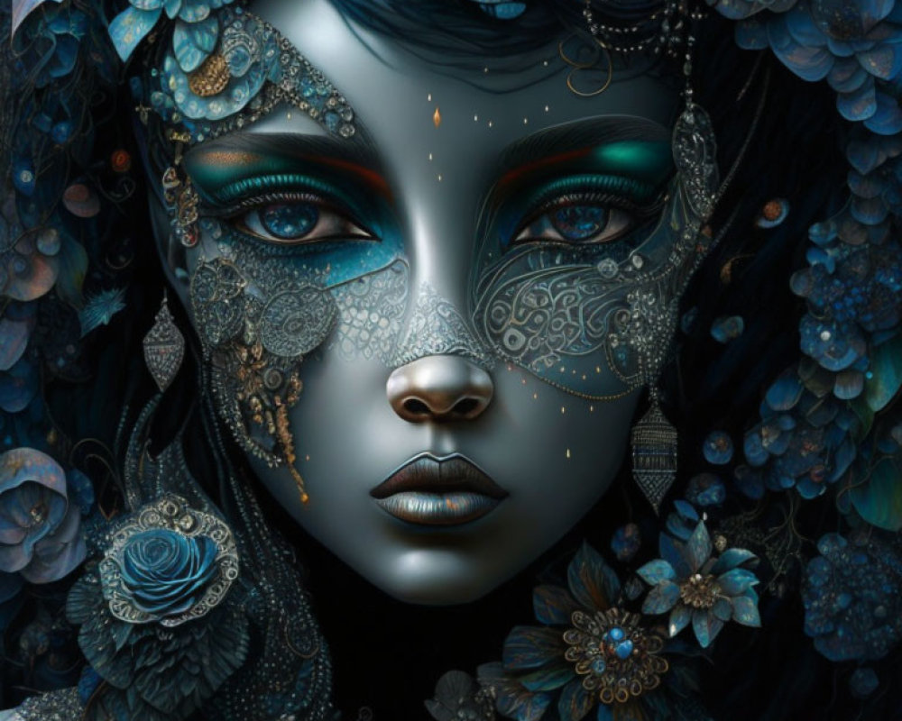 Intricate floral and lace designs on woman's face with blue flowers on dark background