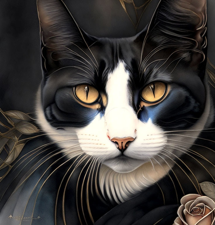 Detailed Black and White Cat Illustration with Yellow Eyes and Rose Accents