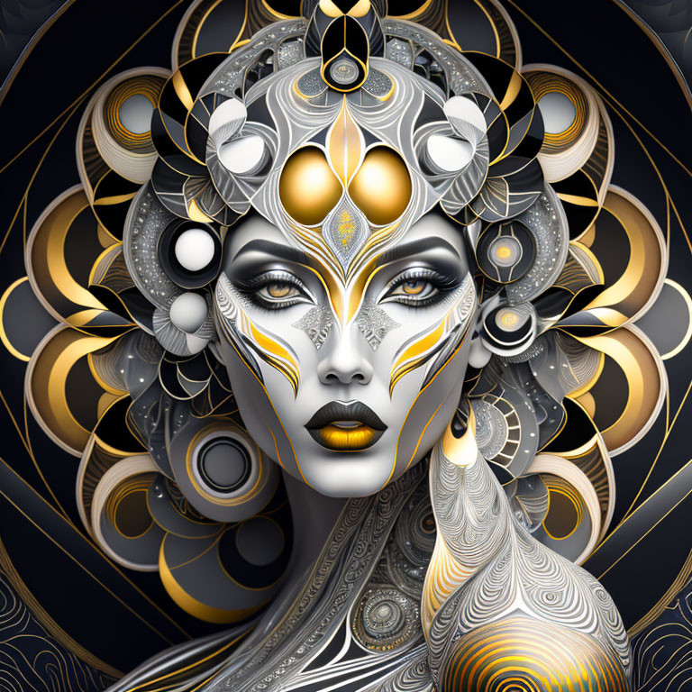 Stylized digital artwork of a female figure with gold and white headgear on dark background