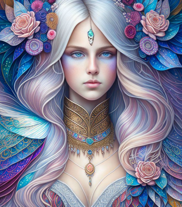Fantasy illustration of woman with multicolored hair and mystical headdress