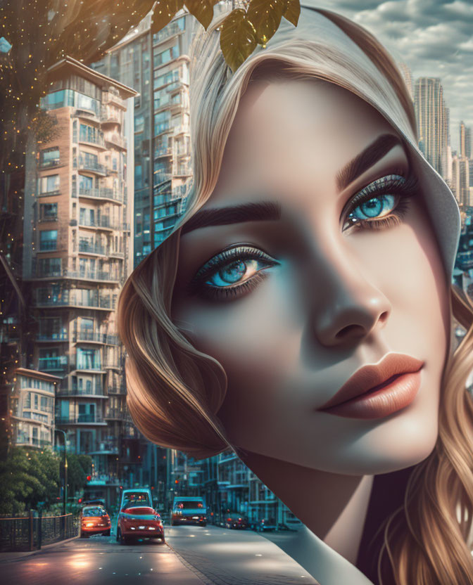 Blonde Woman Portrait with Blue Eyes in Surreal Cityscape
