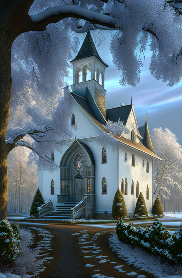 Snow-covered church with steeple in twilight winter scene