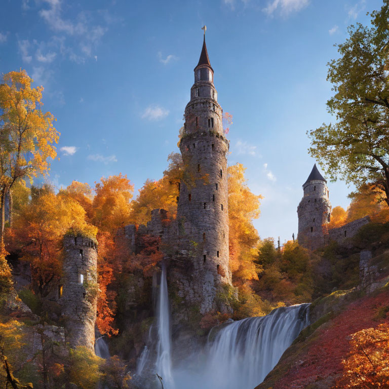 Stone castle tower surrounded by autumn trees and waterfall under blue sky