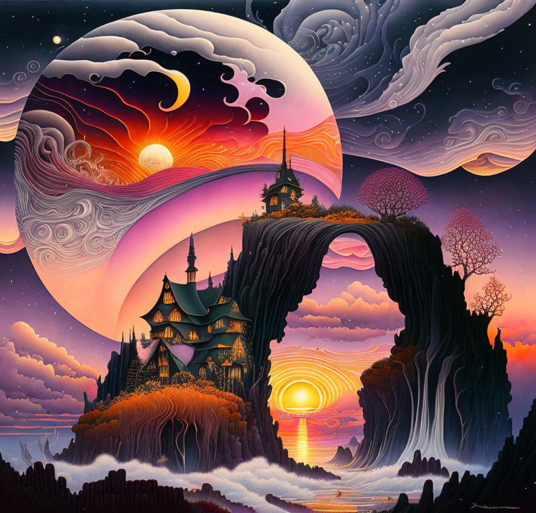 Fantasy landscape artwork with castle, dual moons, swirling clouds, and sunset