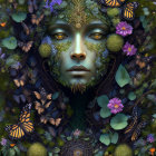 Woman's face in nature with butterflies and intricate patterns