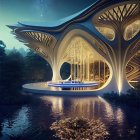 Fantastical building with organic curves by serene lake at night