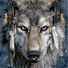 Detailed Wolf Face Illustration with Tribal Patterns and Jewelry on Starry Background