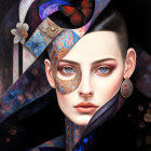 Detailed illustration of woman in ornate eyepatch and blue attire