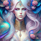 Fantasy illustration of woman with multicolored hair and mystical headdress