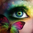 Colorful Human Eye Artwork with Butterflies and Nature Motifs