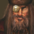 Steampunk-themed illustration of a man with monocle, braided hair, mustache