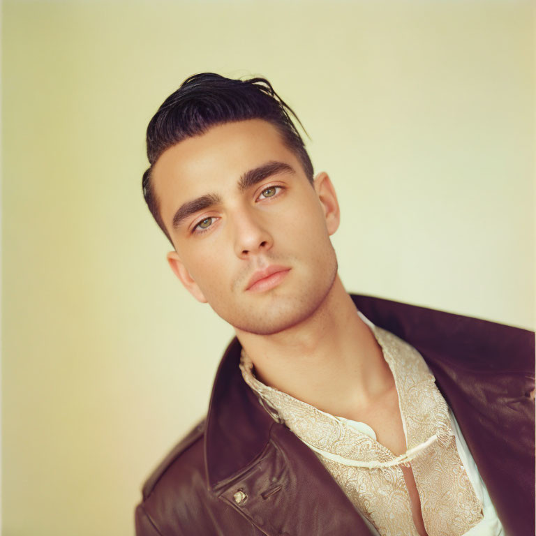 Young man with slicked-back hair in leather jacket and ornate shirt on warm background