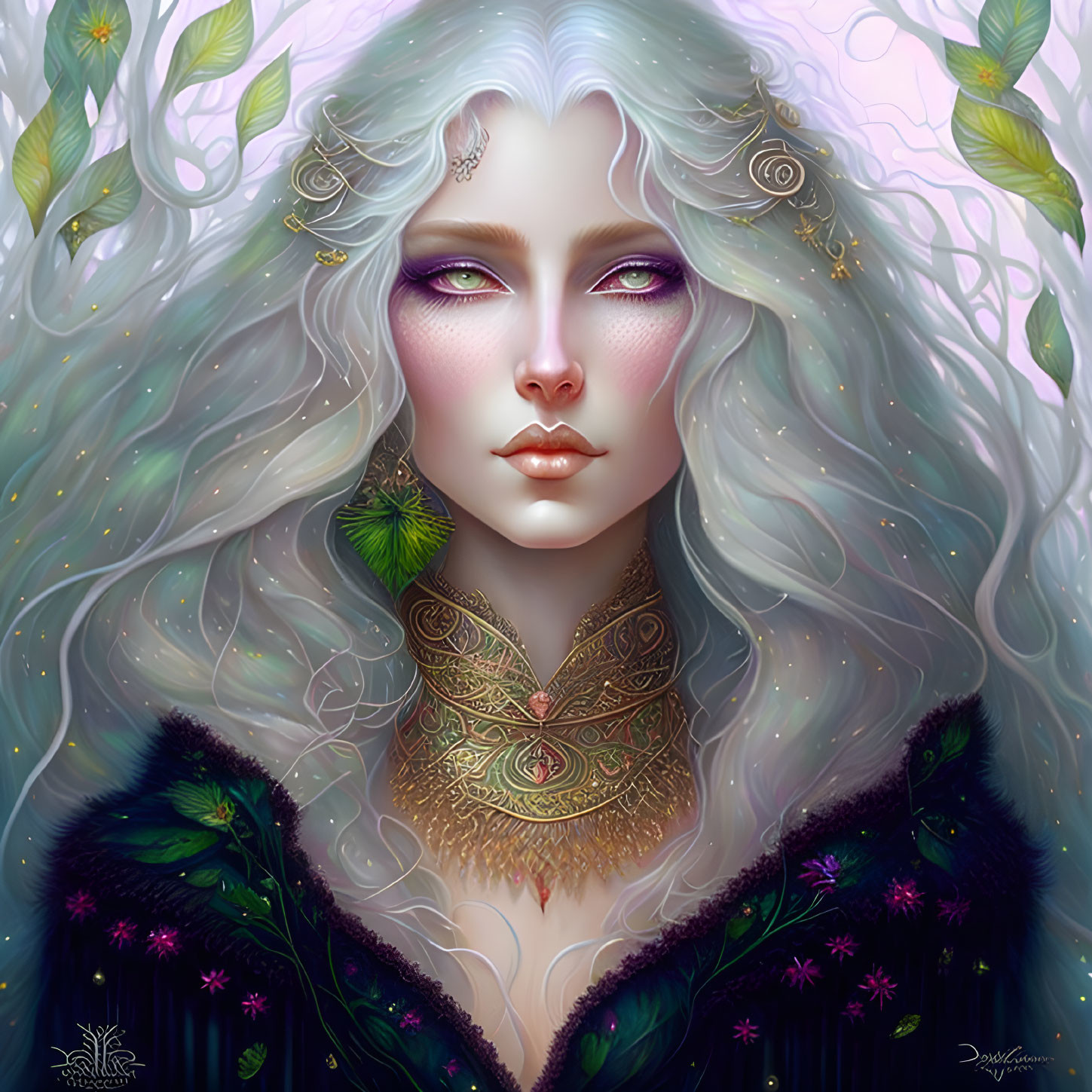 Fantasy digital portrait of female figure with white hair and purple eyes
