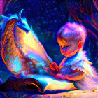 Child in Medieval Attire Reading Magical Book with Glowing Dragon