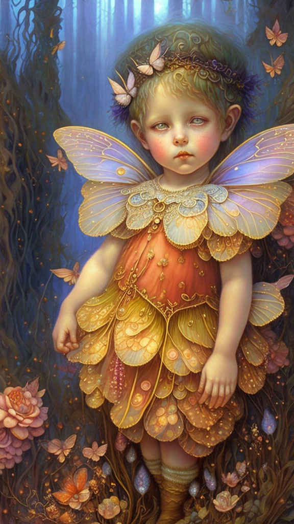 Childlike fairy with ornate wings in a lush floral setting