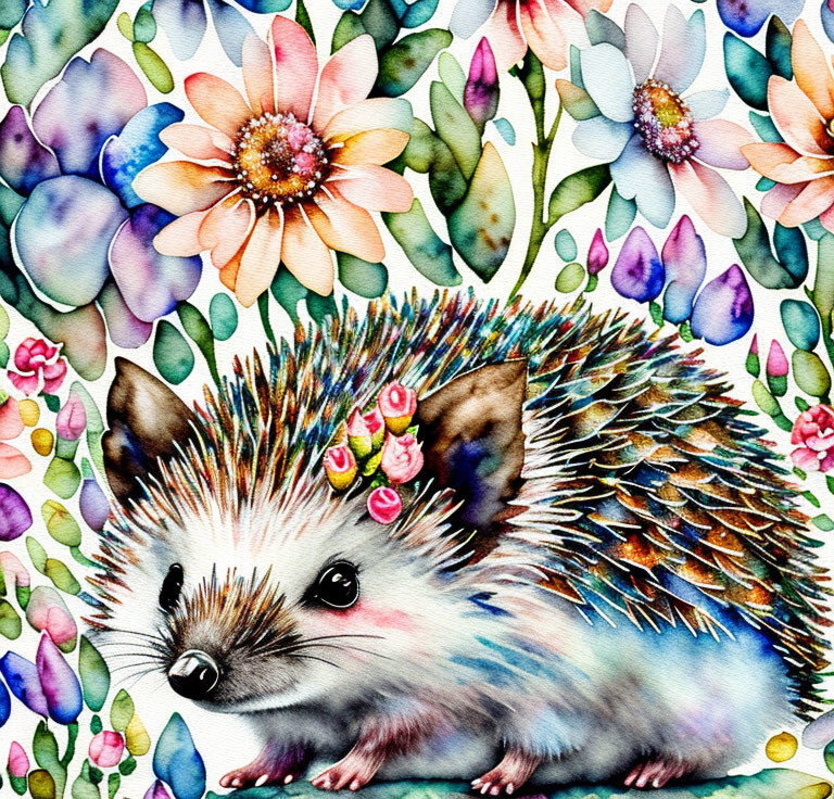 Colorful Illustration: Cute Hedgehog in Vibrant Floral Setting