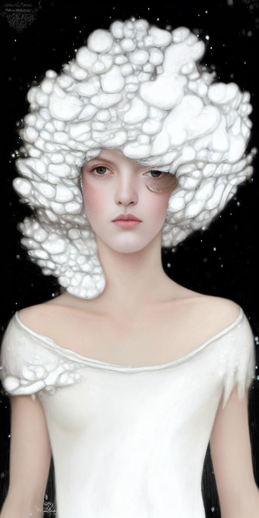 Pale Woman with Bubble-Like White Headdress on Dark Background