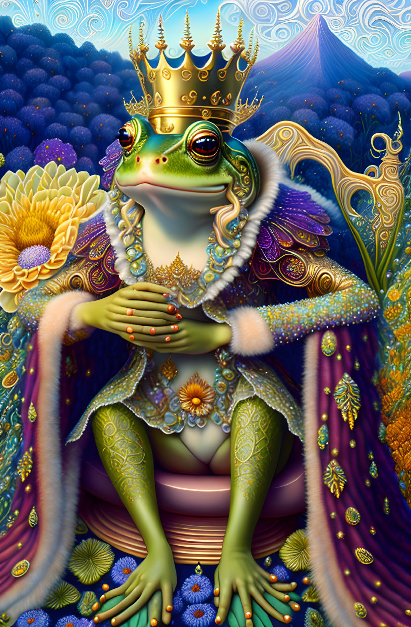 Regal Frog King with Golden Crown and Jewels on Colorful Background