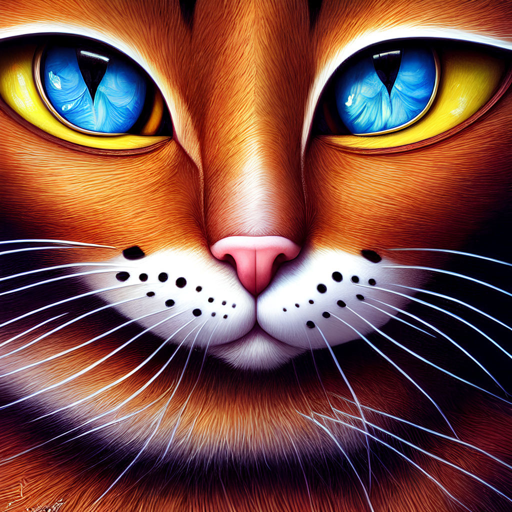 Colorful close-up cat face digital illustration with large blue eyes and orange coat.