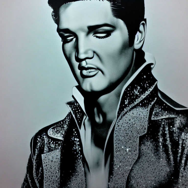 Monochrome portrait of male figure with pompadour and sparkle-studded jacket