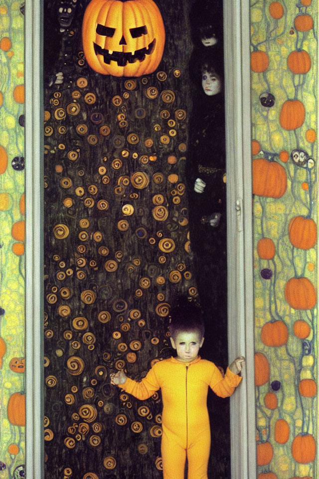 Two children in Halloween costumes with pumpkins and jack-o'-lantern backdrop.